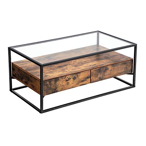 VASAGLE Mesa de Centro de Estilo Industrial, Mesa de Cristal con 2 Cajones y Estante, Mesa de Café Decorativa, para Sala de Estar, Marco de Hierro Estable LCT31BX