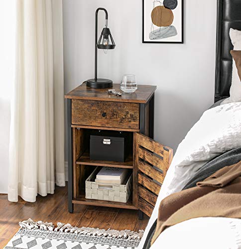 VASAGLE Mesa Lateral con Cajón, Mesa de Extremo para Espacios Pequeños, Puerta con Persiana, para Dormitorio, Sala de Estar, Marco de Metal, Estilo Industrial, Marrón Rústico y Negro LET063B01 VASAGLE Mesa Lateral con Cajón, Mesa de Extremo para Espacios Pequeños, Puerta con Persiana, para Dormitorio, Sala de Estar, Marco de Metal, Estilo Industrial, Marrón Rústico y Negro LET063B01