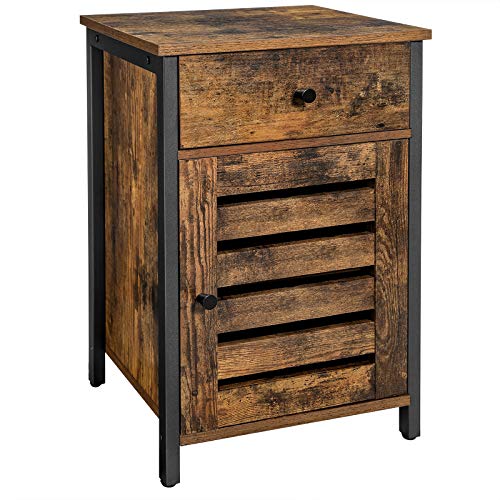 VASAGLE Mesa Lateral con Cajón, Mesa de Extremo para Espacios Pequeños, Puerta con Persiana, para Dormitorio, Sala de Estar, Marco de Metal, Estilo Industrial, Marrón Rústico y Negro LET063B01 VASAGLE Mesa Lateral con Cajón, Mesa de Extremo para Espacios Pequeños, Puerta con Persiana, para Dormitorio, Sala de Estar, Marco de Metal, Estilo Industrial, Marrón Rústico y Negro LET063B01