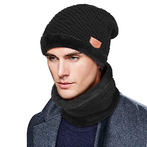 VBIGER Gorras Con Bufanda y Gorros de punto Sombreros de Invierno Hombre (C-Negro)