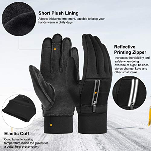 VBIGER Guantes de Invierno Abrigados con Cremallera Guantes de Pantalla Táctil Cálidos Guantes de Ciclismo Antideslizantes para Hombres y Mujeres,Negro S