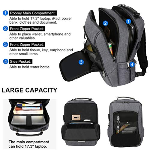 Vbiger Mochila Antirrobo Impermeable Mochila Portátil Hombre Mujer 17 Pulgadas Bolsa Viaje Negocios Puerto USB