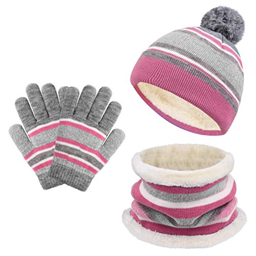 VBIGER Sombreros de Caliente Punto para Niños y Niñas con Forro de Felpa Corta, Set de Bufanda, Gorro y Guantes, 3 Piezas, 3-6 Años