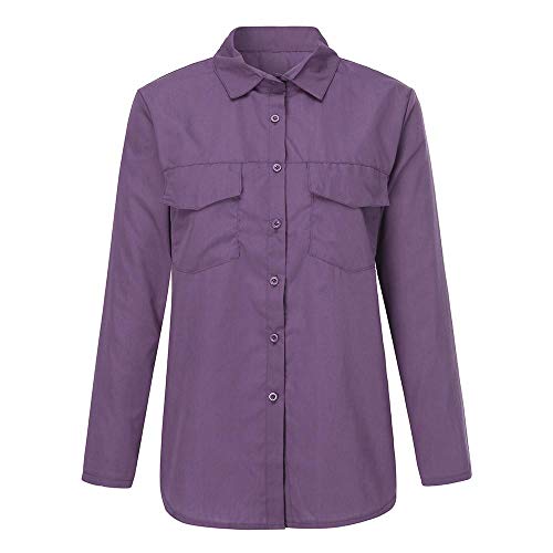 VECDY Camisa Casual De Manga Larga para Mujer Bolsillos con Cuello Abotonado Botones En La Parte Delantera Camiseta (Purple, M)