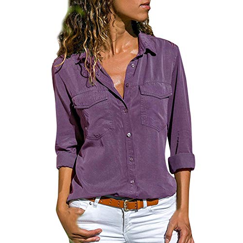 VECDY Camisa Casual De Manga Larga para Mujer Bolsillos con Cuello Abotonado Botones En La Parte Delantera Camiseta (Purple, M)