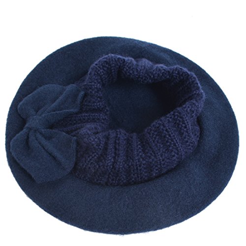 VECRY Mujer Boina 100% Lana Vestido Beanie Invierno Sombrero (Armada)