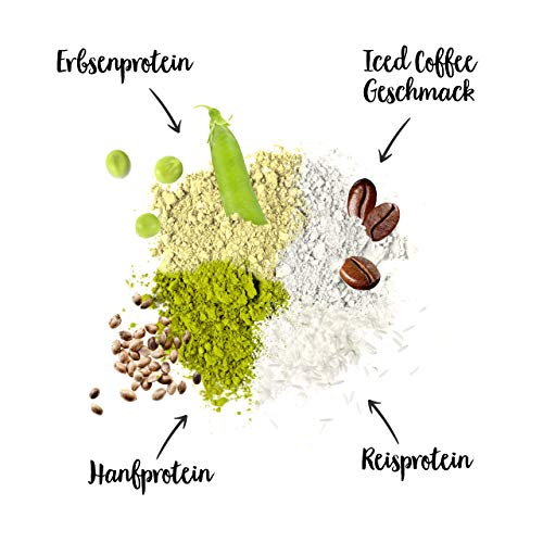 Vegan Protein 3K de nu3 – 1Kg sabor Café Helado – Batido de proteína vegetal sin soja – Mezcla en polvo de proteína vegana (73%) – De 4 fuentes: arroz, girasol, guisante & algarrobo – Sin edulcorantes
