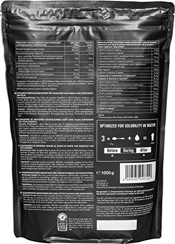 Vegan Protein 3K de nu3 – 1Kg sabor Café Helado – Batido de proteína vegetal sin soja – Mezcla en polvo de proteína vegana (73%) – De 4 fuentes: arroz, girasol, guisante & algarrobo – Sin edulcorantes