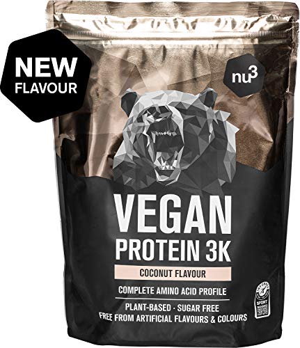 Vegan Protein 3K de nu3 – 1Kg sabor Coco – Batido de proteína vegetal sin soja – Mezcla en polvo de proteína vegana (73%) – De 4 componentes: arroz, girasol, guisante & algarrobo – Sin edulcorantes