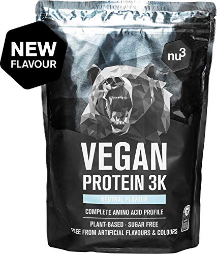 Vegan Protein 3K de nu3 – 1Kg sabor neutral – Batido de proteína vegetal sin soja – Mezcla en polvo de proteína vegana (78%) – De 4 componentes: arroz, girasol, guisante & algarrobo – Sin edulcorante