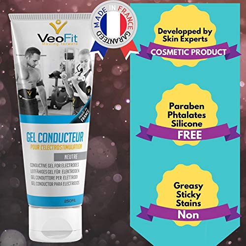 VeoFit- Gel Conductor 250mL X 1 Electrodos Electroestimulacion EMS y TENS, Gel de Contacto para Electroestimulador Muscular- Mejora el Contacto electrodos y Protege la Piel - Fabricado en Francia