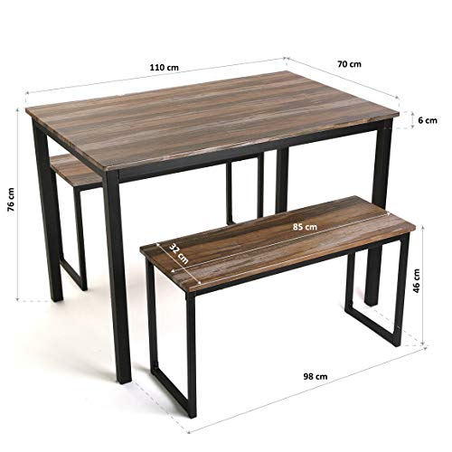 Versa Set de Mesa de Comedor con Dos Bancos, Madera, 76 x 70 x 110 cm