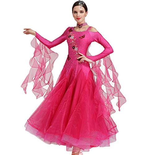 Vestido De La Competencia De Baile De Salón Moderno Del Funcionamiento Del Traje De Mangas Largas, Social Suave Vals Danza Gran Oscilación De La Falda (Color : Rose red, Size : M)