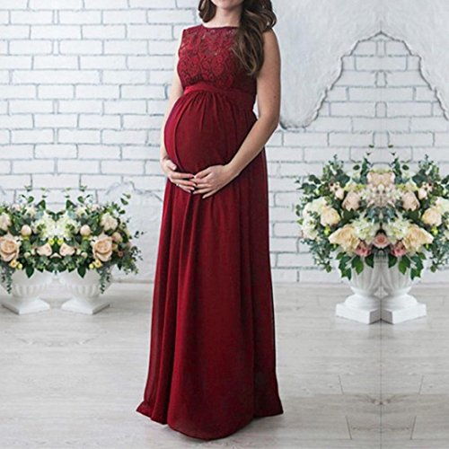 Vestido Premamá, Largo de Encaje de Mujer Embarazada, de Maternidad Apoyos de fotografía Ropa Larga Maternidad y de Lactancia (Vino Rojo, L)