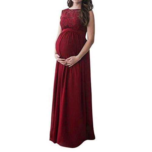 Vestido Premamá, Largo de Encaje de Mujer Embarazada, de Maternidad Apoyos de fotografía Ropa Larga Maternidad y de Lactancia (Vino Rojo, L)