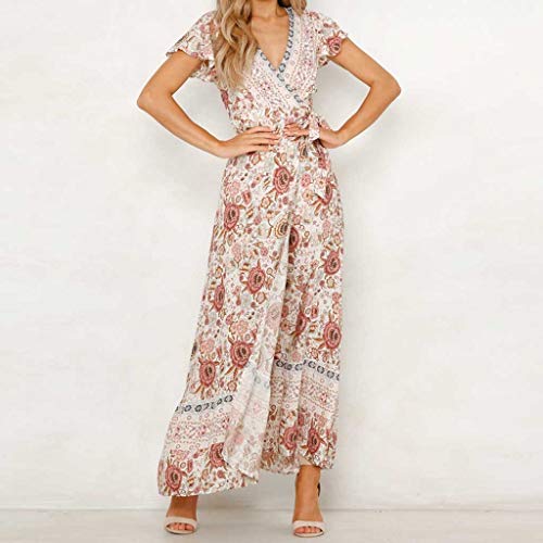 Vestidos Bohemio Largos de Fiesta para Mujer, Dragon868 Sexy Wrap Cuello En V Profundo Vestidos Floral Impreso Vintage Estilo éTnico de Alta Split Beach Maxi Vestido, Manga Corta, con Cinturón