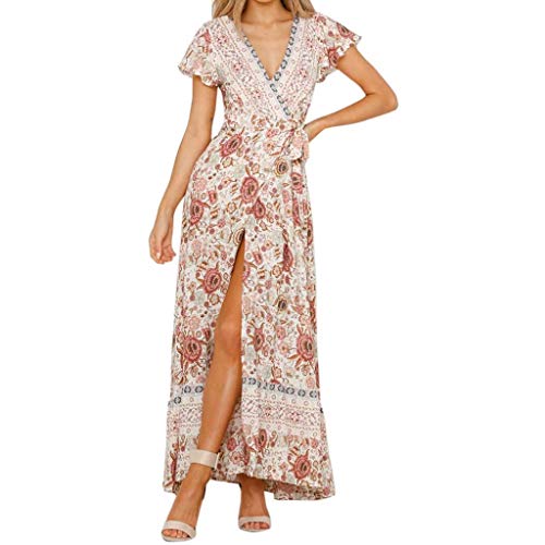 Vestidos Bohemio Largos de Fiesta para Mujer, Dragon868 Sexy Wrap Cuello En V Profundo Vestidos Floral Impreso Vintage Estilo éTnico de Alta Split Beach Maxi Vestido, Manga Corta, con Cinturón