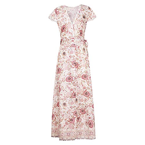 Vestidos Bohemio Largos de Fiesta para Mujer, Dragon868 Sexy Wrap Cuello En V Profundo Vestidos Floral Impreso Vintage Estilo éTnico de Alta Split Beach Maxi Vestido, Manga Corta, con Cinturón