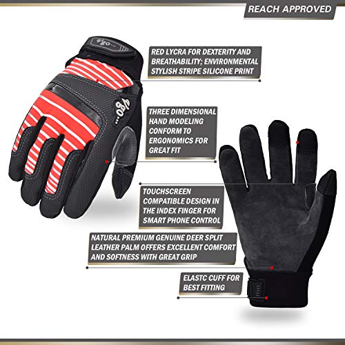 Vgo 1-Par Edad 12-13 Joven Guantes de Trabajo Ligeros con Palma de Cuero, Alta Destreza Parte Posterior de Cuero Sintético, Pantalla Táctil (Joven-L, Rojo, DB9705)