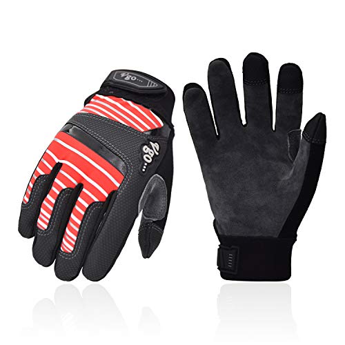 Vgo 1-Par Edad 12-13 Joven Guantes de Trabajo Ligeros con Palma de Cuero, Alta Destreza Parte Posterior de Cuero Sintético, Pantalla Táctil (Joven-L, Rojo, DB9705)