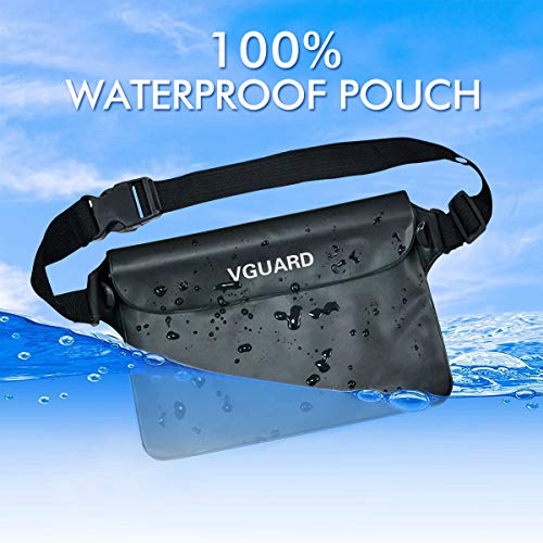 VGUARD Set de Bolsa Waterproof con Riñonera Impermeable Bolsa Cintura y Funda Móvil Impermeable para Playa Natación Canotaje Pesca, Protección Teléfono Móvil, Cámara, Documento, Pasaporte (Negro)