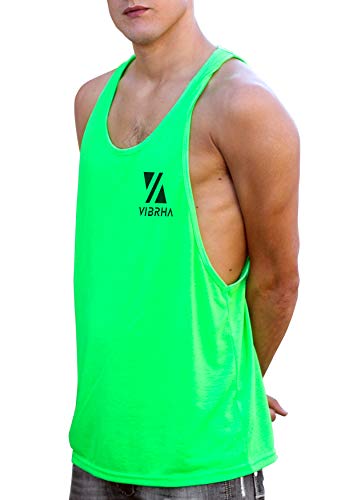 Vibrha - Camiseta de tirantes para hombre de gimnasio – Camiseta de fitness fluorescente larga con espalda de remo Verde XS