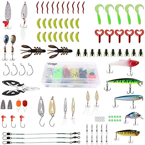 Vicloon 110 Piezas Señuelos Pesca, Cebo Pesca Contiene Black Bass, la Caja Tackle, Ganchos, Tijeras, Spinning Cebos Pesca etc Accesorios de Pesca