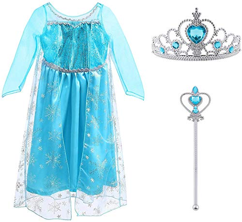 Vicloon - Disfraz de Princesa Elsa - Reino de Hielo - Vestido de Cosplay de Carnaval, Halloween y la Fiesta de Cumpleaños, Color Azul, Talla 120