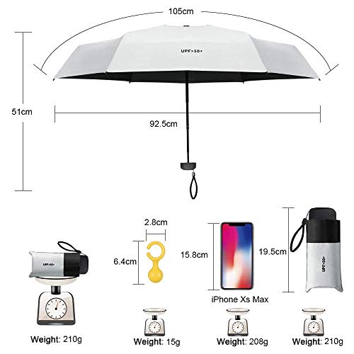 Vicloon Mini Paraguas, Paraguas de Viaje Portátil 6 Varillas con Puesto de Paraguas y 210T Negro Tela de Goma, Paraguas Plegables y Compacto, Mini Viento Paraguas 95% De Resistencia UV - Blanco