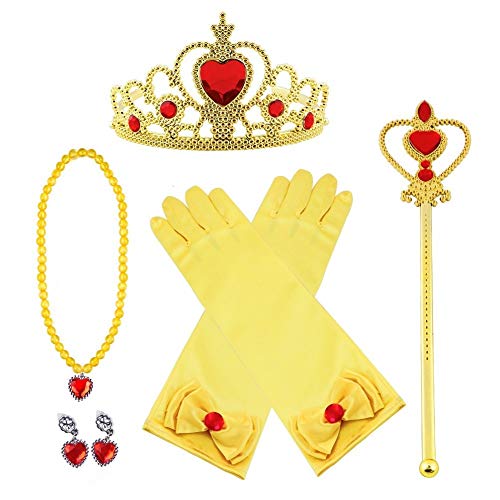 Vicloon Princesa Vestir Accesorios 8 Pcs Regalo Conjunto de Belleza Corona Anillo Sceptre Collar Pendientes Guantes para Niña (Amarillo)