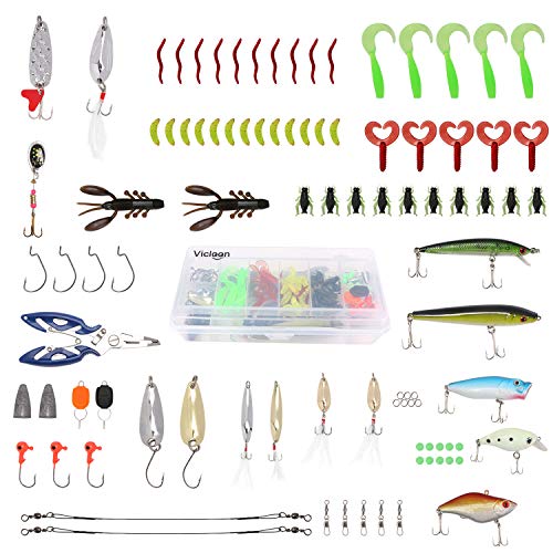 Vicloon Señuelos de Pesca, 120 Piezas Kits de Señuelos Pesca Accesorios Cebos Artificiales Articulos de Pesca Incluido la Caja Tackle, Ganchos, Tijeras, Cebos, Popper, Grillos y más