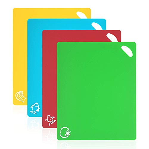 Vicloon Tablas de Cortar de Plástico, Juego de 4 Tablas de Cocina de Flexible con Color Diferente, Iconos de Alimentos y Manijas, Alimento Tablas de Cortar Antideslizante para Lavavajillas