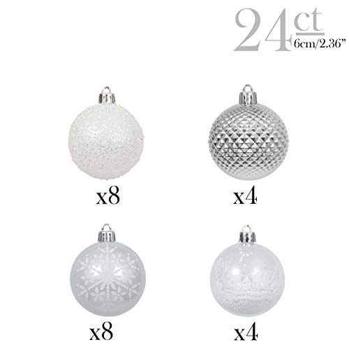 Victor's Workshop 24Pcs Bolas de Navidad 6cm, Adornos de Navidad para Arbol, Decoración de Bolas Navideños Inastillable Plástico de Plata y Blanco, Regalos de Colgantes de Navidad (Invierno Congelada)