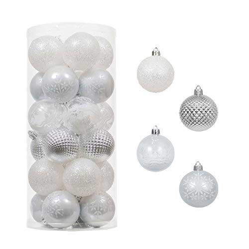 Victor's Workshop 24Pcs Bolas de Navidad 6cm, Adornos de Navidad para Arbol, Decoración de Bolas Navideños Inastillable Plástico de Plata y Blanco, Regalos de Colgantes de Navidad (Invierno Congelada)