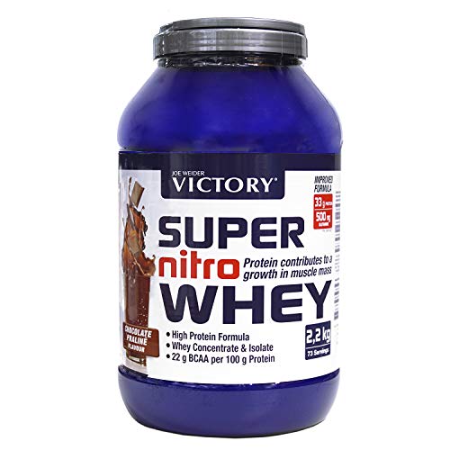 Victory Super Nitro Whey Chocolate-Praliné (2,2 kg). Concentrado y aislado de suero. Fuente proteica rica en BCAAs. Recuperación muscular. Con L-Glutamina, Vitamina B6 y Calcio.