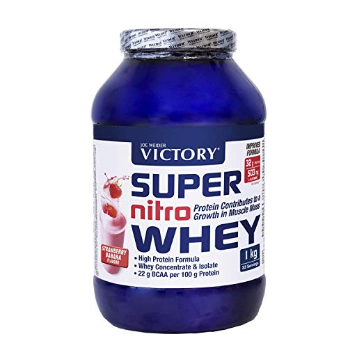 Victory Super Nitro Whey Fresa-Plátano (1 kg). Concentrado y aislado de suero. Fuente proteica rica en BCAAs. Recuperación muscular. Con L-Glutamina, Vitamina B6 y Calcio.