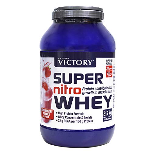 Victory Super Nitro Whey Fresa-Plátano (2,2 kg). Concentrado y Aislado de suero. Fuente Proteica rica en BCAAs. Recuperación muscular. Con L-Glutamina, Vitamina B6 y Calcio.