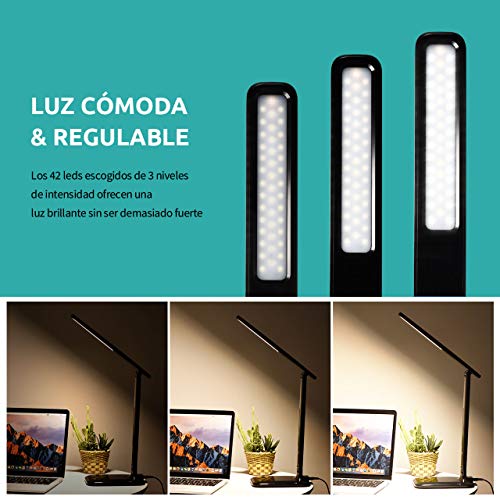 VicTsing Lampara Escritorio 42 LEDs Regulable, Flexo Escritorio LED Flexible con 3 Niveles de Brillo y 3 Modos, Cuidado de Ojos, Control Táctil y Bajo Consumo para Estudio, Oficina u Ordenador, Negro