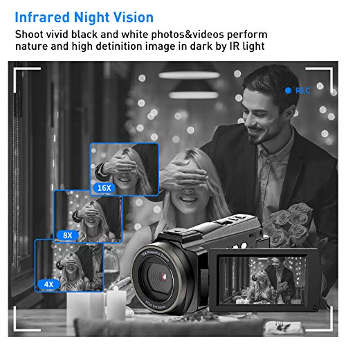 Videocámara 4K WiFi Cámara Digital UHD Vlogging Youtube Cámara,IR Visión Nocturna 48MP 3.0"IPS Pantalla Táctil Giratoria De 270 ° 16X Zoom Webcámara con Micrófono Estabilizador Control Remotol.