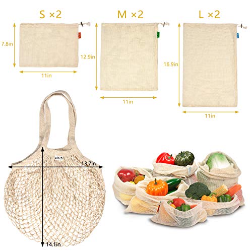 Viedouce Bolsas Compra Reutilizables, 8 PCS Bolsas de Malla Reutilizables Lavables, Bolsas de Algodon Reutilizables para Frutas Verduras,Reutilizable Producir Bolsas (2*S, 2*M, 2*L,2*XL)