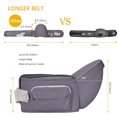 Viedouce Portabebé Ergonómico Asiento de Cadera,con Protección del Cinturón la Seguridad,Algodón Puro Ligero,Taburete de Cintura de Posición Múltiple por Bebé Niños 6-36 Meses(Gris Oscuro)