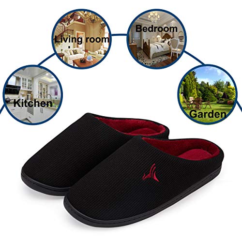 VIFUUR Hombre Zapatillas de casa Espuma de Memoria de Alta Densidad Cálido Interior Lana al Aire Libre Forro de Felpa Suela Antideslizante Zapatos Negro/Rojo 44/45