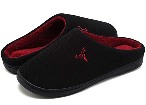 VIFUUR Hombre Zapatillas de casa Espuma de Memoria de Alta Densidad Cálido Interior Lana al Aire Libre Forro de Felpa Suela Antideslizante Zapatos Negro/Rojo 44/45