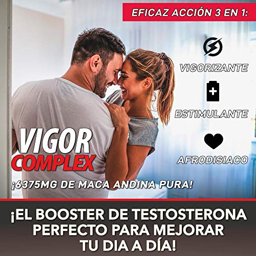 VIGOR COMPLEX | El Más Potente Booster de Testosterona | Potencia, Vigoriza y Aumenta la Resistencia Muscular | Mejora tus Entrenamientos | Acción Afrodisíaca en Hombres y Mujeres | 90 Cápsulas