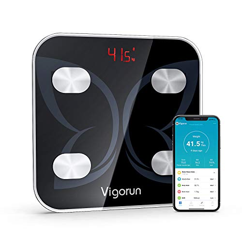 Vigorun Báscula Grasa Corporal Báscula de Baño Bluetooth Báscula Digital con App y 18 Datos del Cuerpo Peso Músculo Grasa Corporal IMC BMR