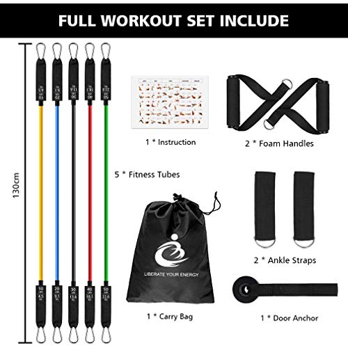 Vikaster Bandas de Resistencia 12PCS al Ejercicio con Anclaje de Puerta y manijas Yoga PilatesBandas Elásticas Musculacion de TPE, Adecuado para Fitness,Ganar Fuerza, Reducir la Grasa (JISU 5Color)