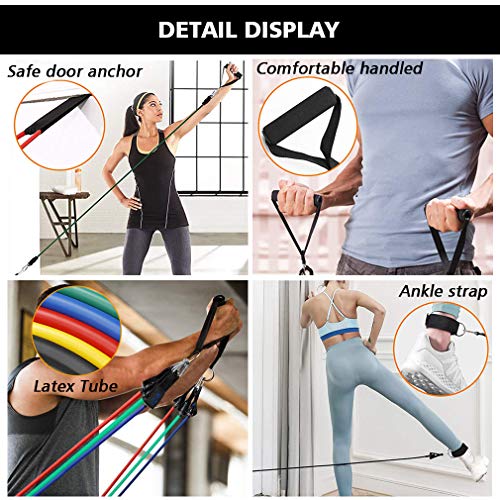 Vikaster Bandas de Resistencia 12PCS al Ejercicio con Anclaje de Puerta y manijas Yoga PilatesBandas Elásticas Musculacion de TPE, Adecuado para Fitness,Ganar Fuerza, Reducir la Grasa (JISU 5Color)