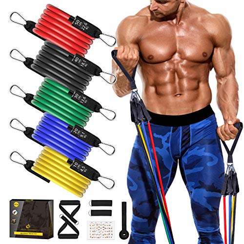 Vikaster Bandas de Resistencia 12PCS al Ejercicio con Anclaje de Puerta y manijas Yoga PilatesBandas Elásticas Musculacion de TPE, Adecuado para Fitness,Ganar Fuerza, Reducir la Grasa (JISU 5Color)