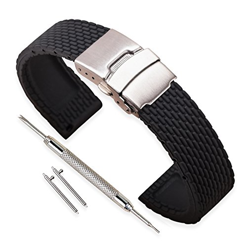 Vinband Correa Reloj Calidad Alta Recambios Correa Relojes Caucho Hombre Mujer Negro - 18mm, 20mm, 22mm, 24mm Silicona Correa Reloj Quick Release Pin & Hebilla desplegable (20mm, Negro)