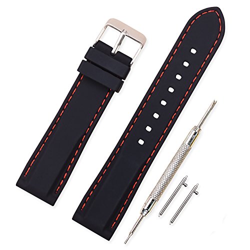 Vinband Correa Silicona Reloj Correa Suave Reemplazo de Banda de Acero Inoxidable Hebilla - 18, 20, 22, 24 mm Correas de Cuero para Reloj (22mm, Negro-Rojo)